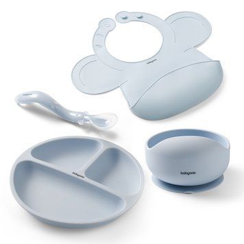 Набор силиконовой посуды для кормления с нагрудником Babyono Голубой ZESTAW 18 фото