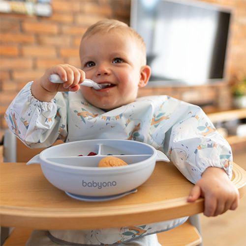 Силіконова тарілка на три секції з присоскою та кришечкою Babyono Блакитна 1661-01 фото